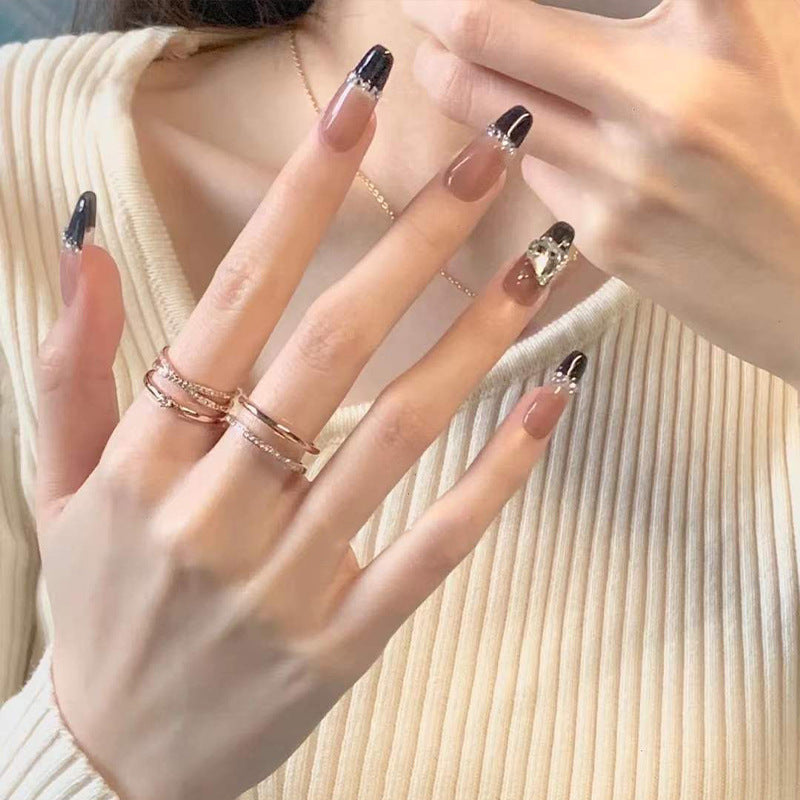 Black French Press-On Nails With Rhinestone Chain Art