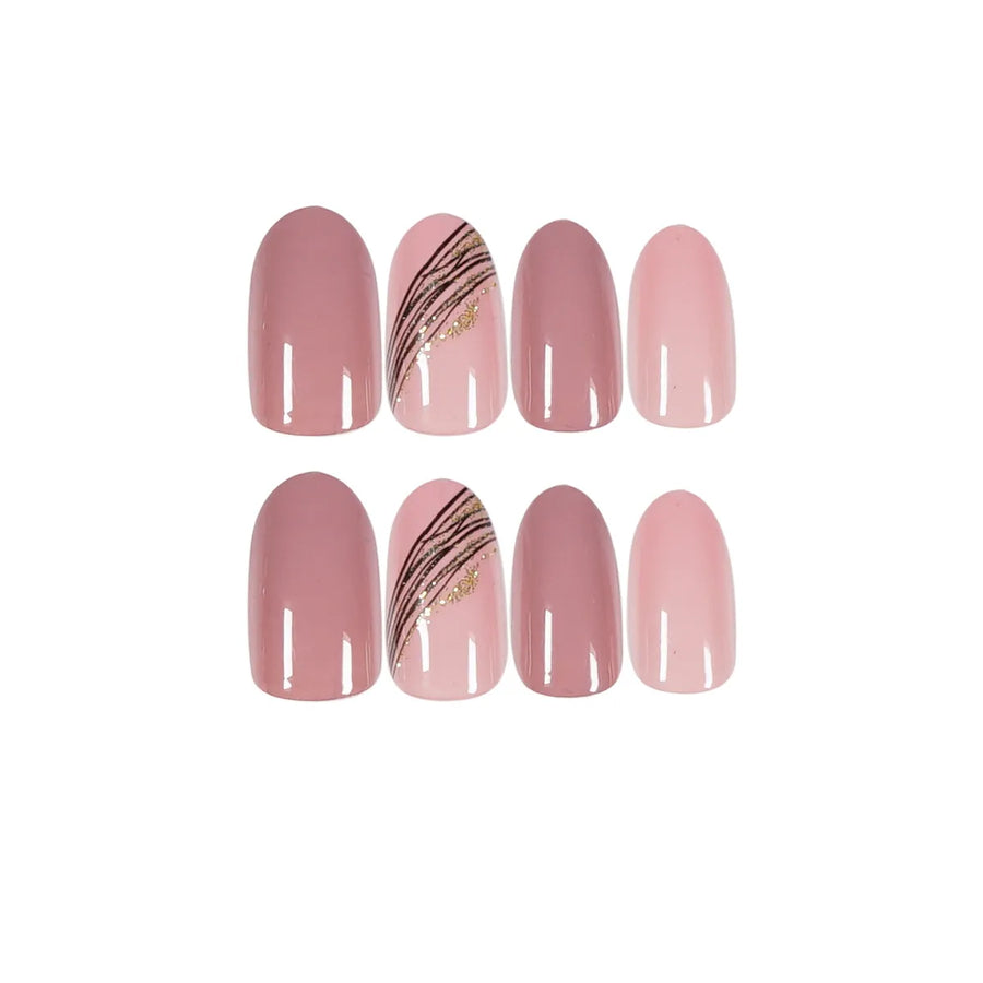 Almond Fake Nails With Gold-Line Lotus Pink Accents