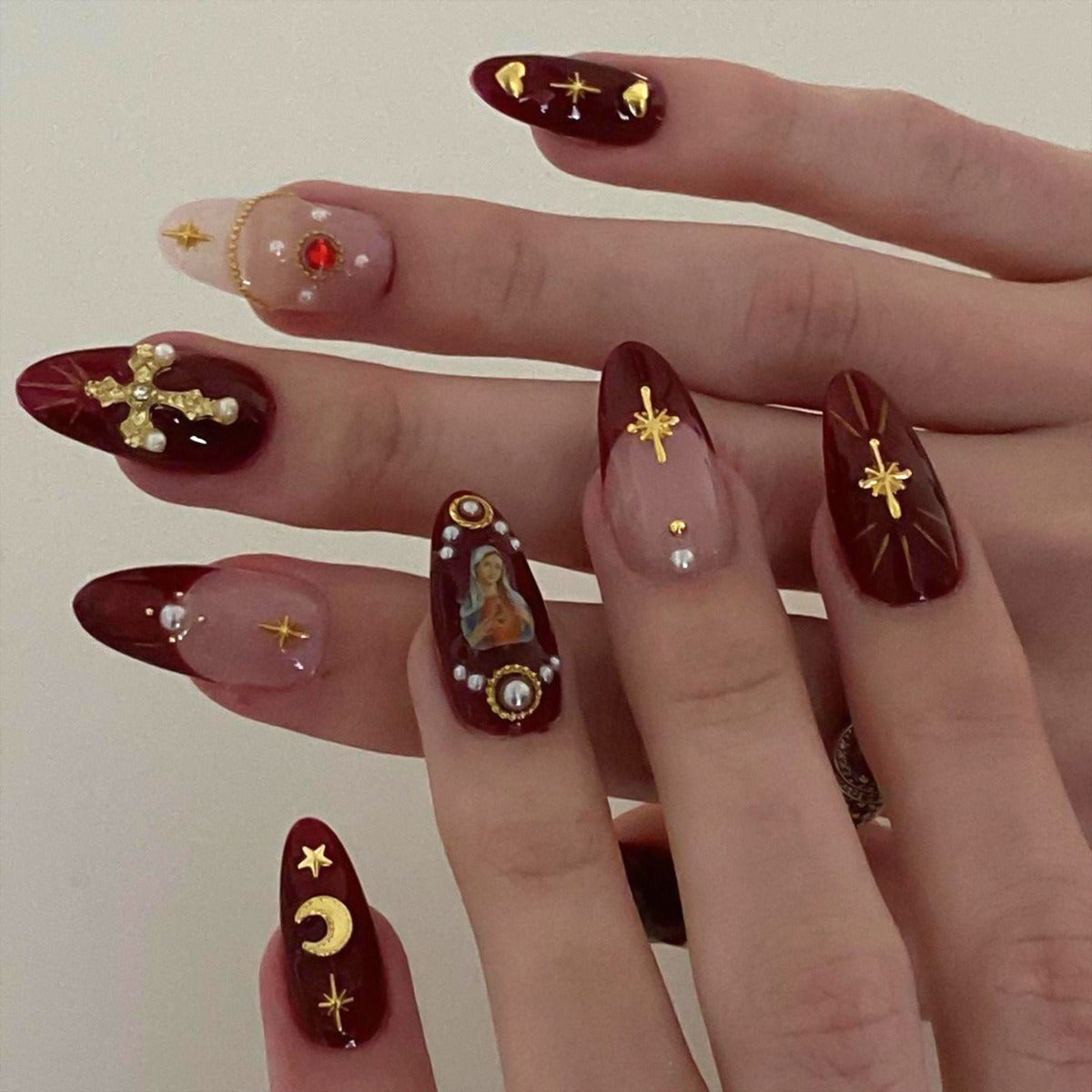 Press-On Nail Set with 3D Cross & Charm Art — Expressive