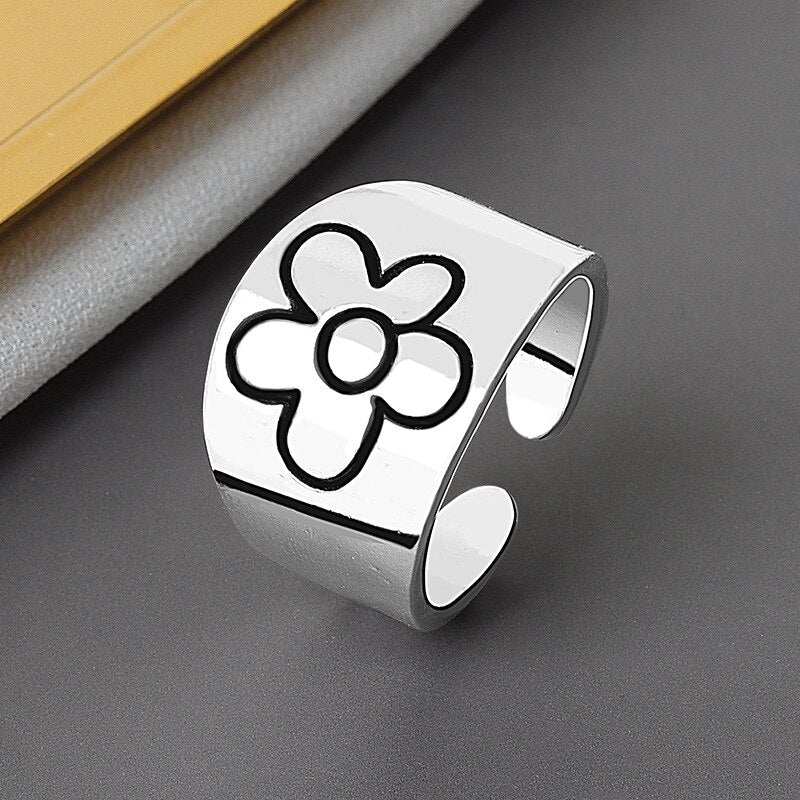 Korean Flower Ring for Women – Adjustable Wide Band