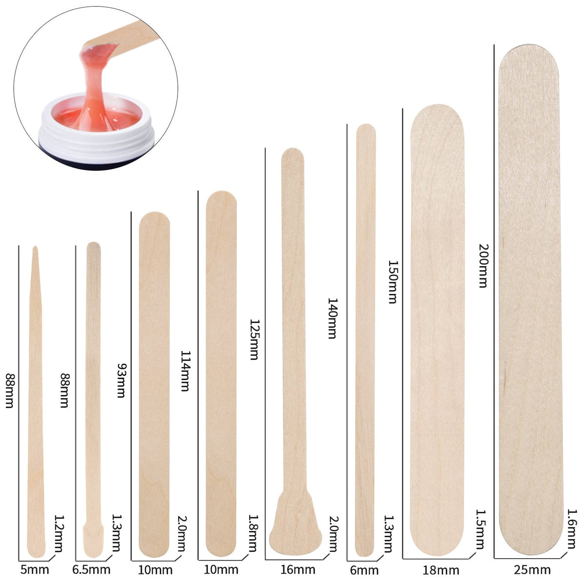 Wax Applicator Sticks 100-Pack — 8 Sizes for Precise Hair