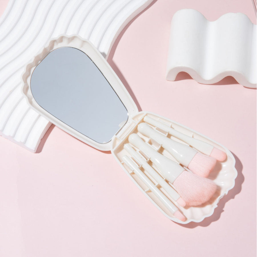 Mini Makeup Brush Set — Portable Shell Case with Mirror