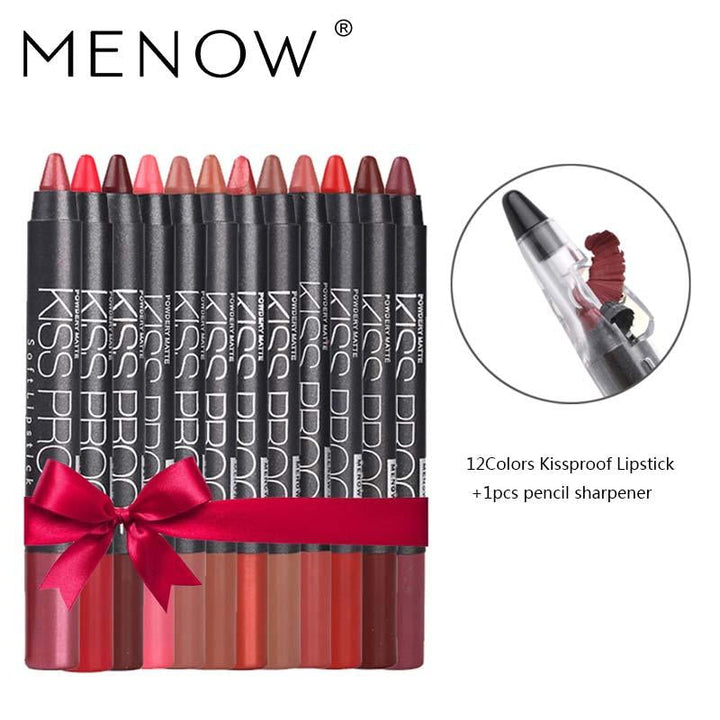 12-Color Waterproof Lipstick Pen Set With Sharpener