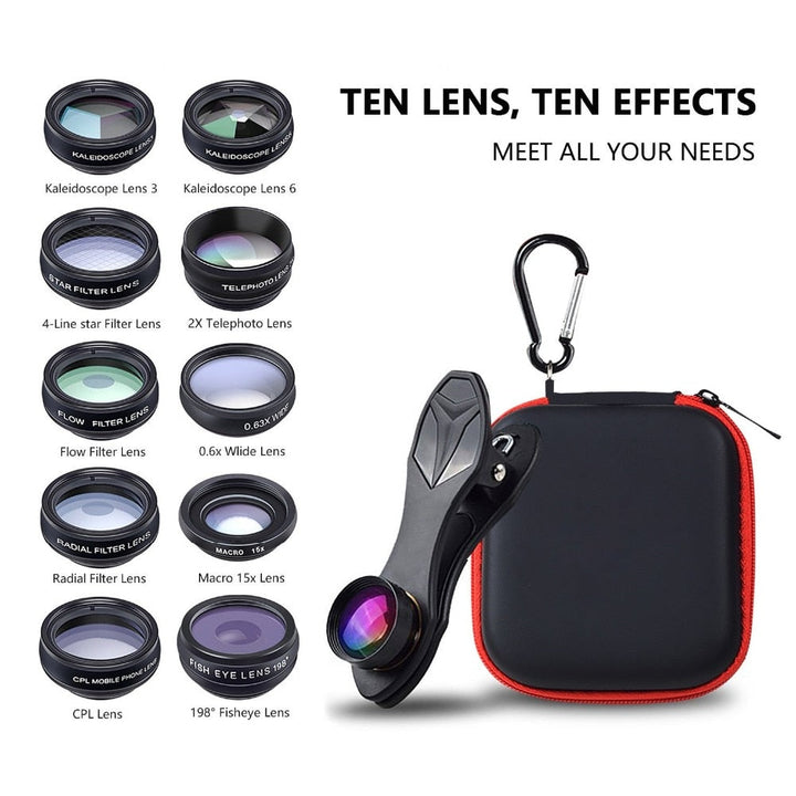 Phone Lens Kit 10‑in‑1 Fisheye Wide Macro Telephoto