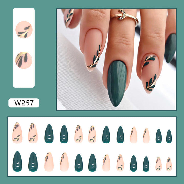 Almond Press-On Nails – Forest Green & Gold Leaf Design