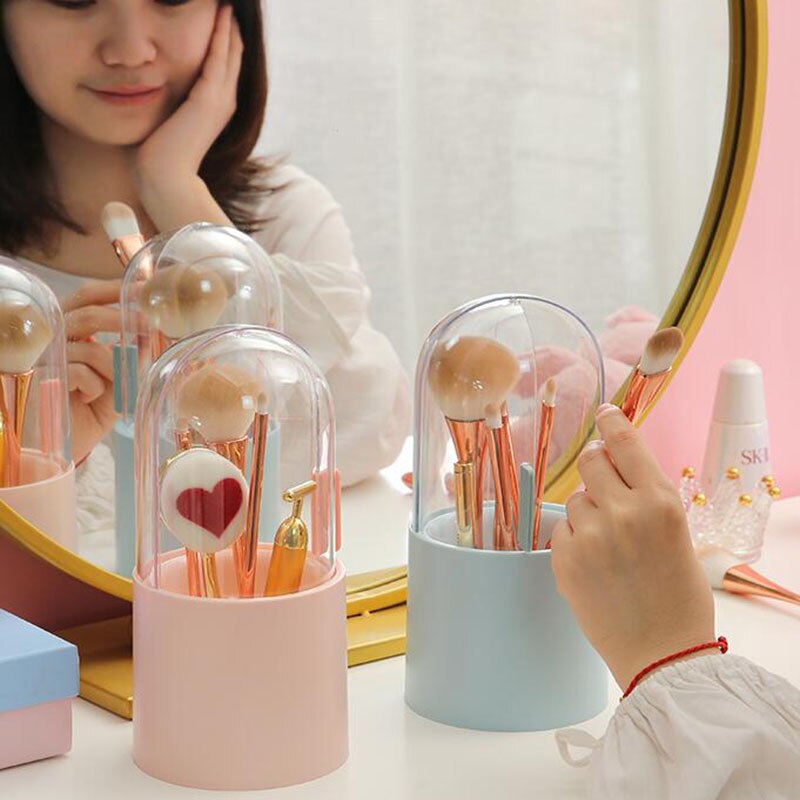Makeup Brush Storage Box With Rotating Dust-Proof Dome