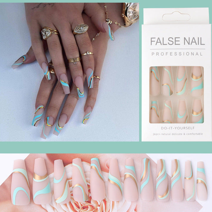 Long Ballet False Nails with Matte Gold Wave Design