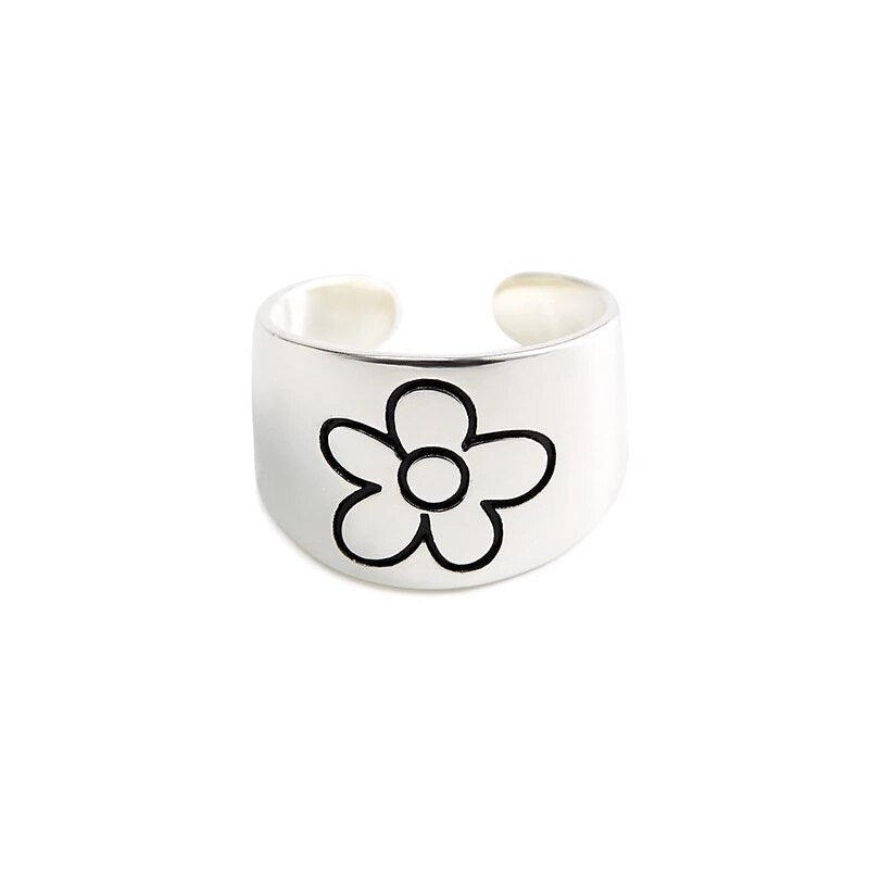 Korean Flower Ring for Women – Adjustable Wide Band