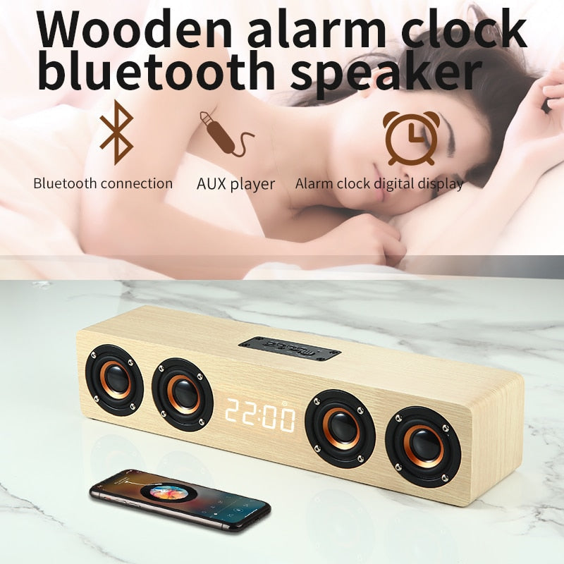 Wooden Bluetooth Speaker with Alarm Clock — Premium Sound