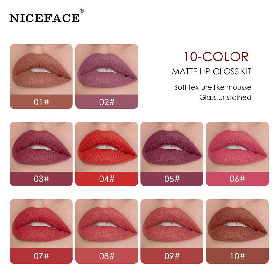 10-Color Matte Lip Glaze Set With Soft Mousse Finish