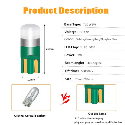 194 LED Bulb — T10 W5W 3030 10‑Pack Brighter Interior Light