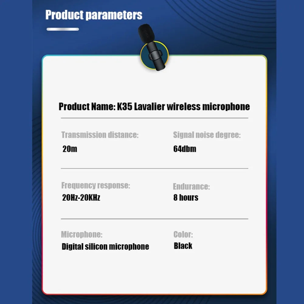 Wireless Lavalier Mic: 20m Range, Noise Reduction, 8H Battery
