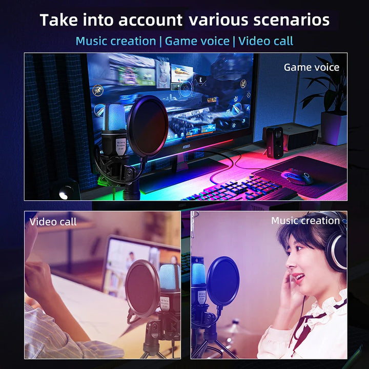 USB Gaming Microphone — 7-Color RGB Condenser Mic with Pop