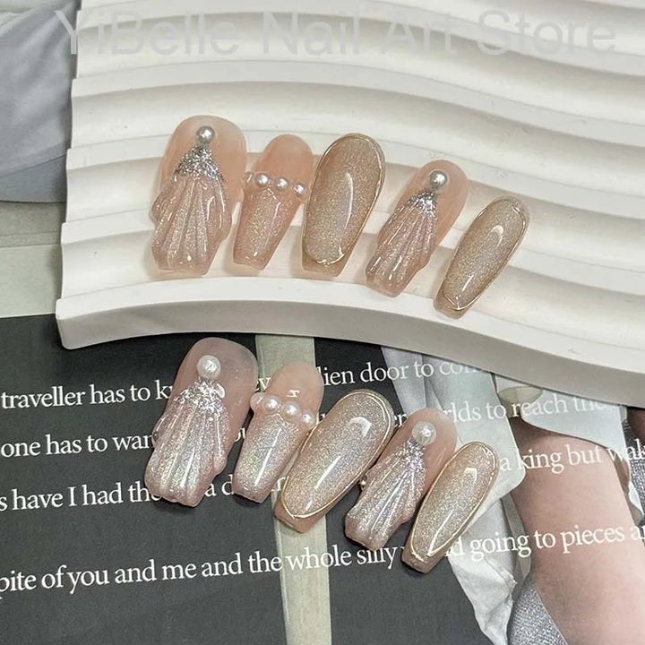 Seashell Pearl Press-On Nails — Handmade, Reusable
