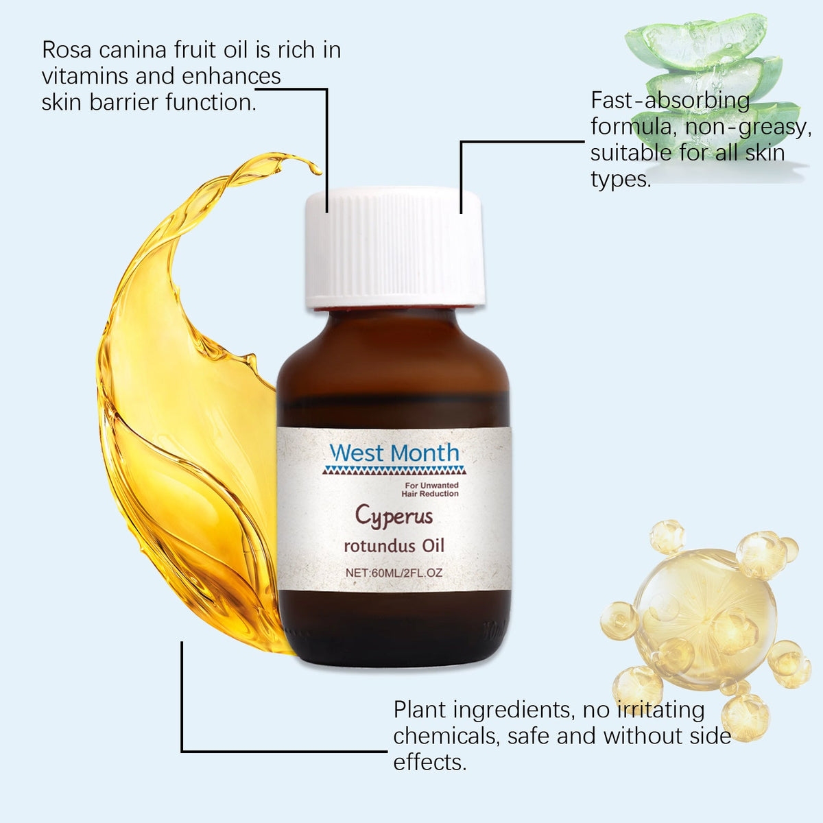 Cyperi Rhizoma Hair Reduction Oil for Smooth Sensitive Skin