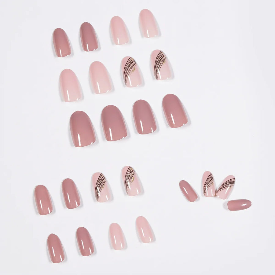 Almond Fake Nails With Gold-Line Lotus Pink Accents