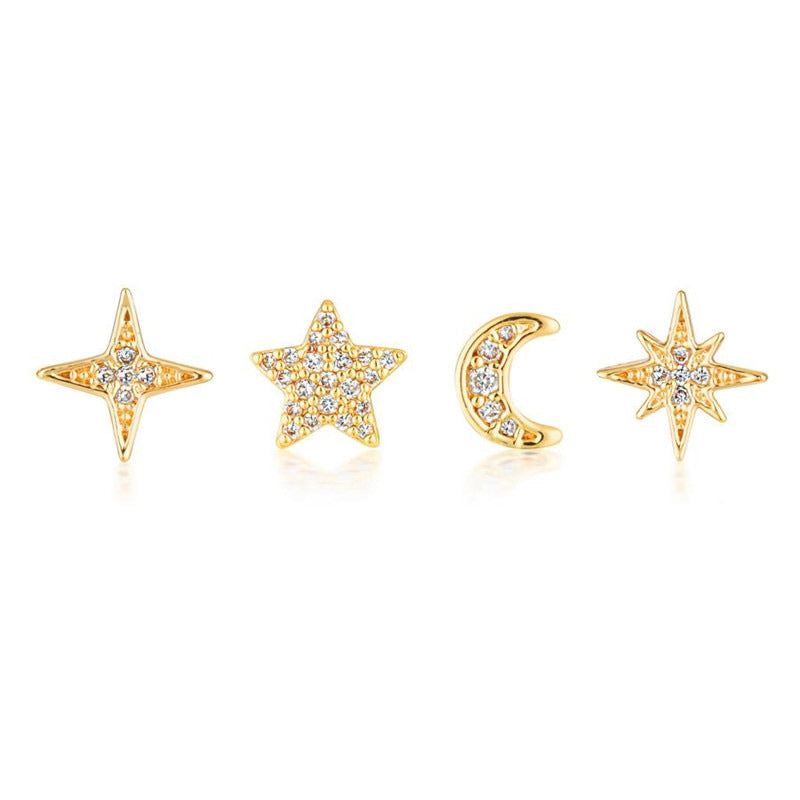 Celestial Earring Stud Set — 4-Piece S925 Silver & CZ Ear