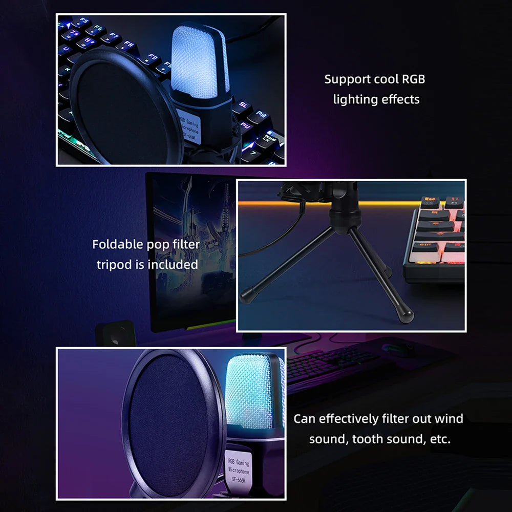 USB Gaming Microphone — 7-Color RGB Condenser Mic with Pop