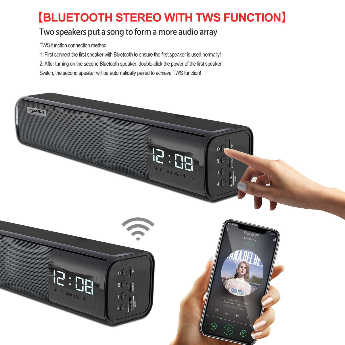 Bluetooth Speaker with Clock — 10W Stereo Sound & TWS Pairing