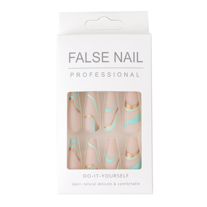 Long Ballet False Nails with Matte Gold Wave Design