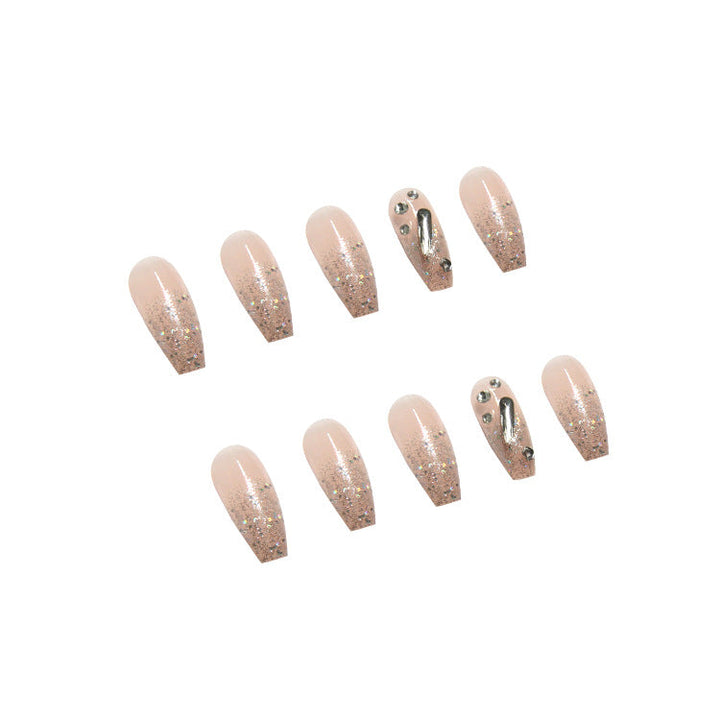 Press-On Artificial Nails With Nude Glitter Salon Shine