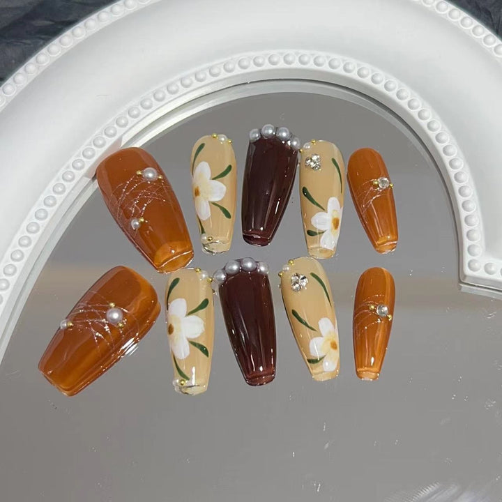 Press-On Nails — Hand-Painted Camellia & Pearl Accents