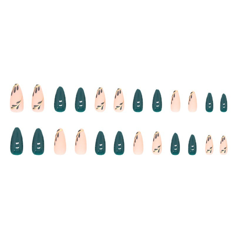 Almond Press-On Nails – Forest Green & Gold Leaf Design