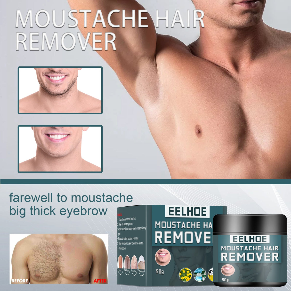 Men's Hair Removal Cream for Face Body No Razor Burn
