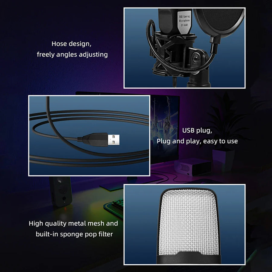USB Gaming Microphone — 7-Color RGB Condenser Mic with Pop