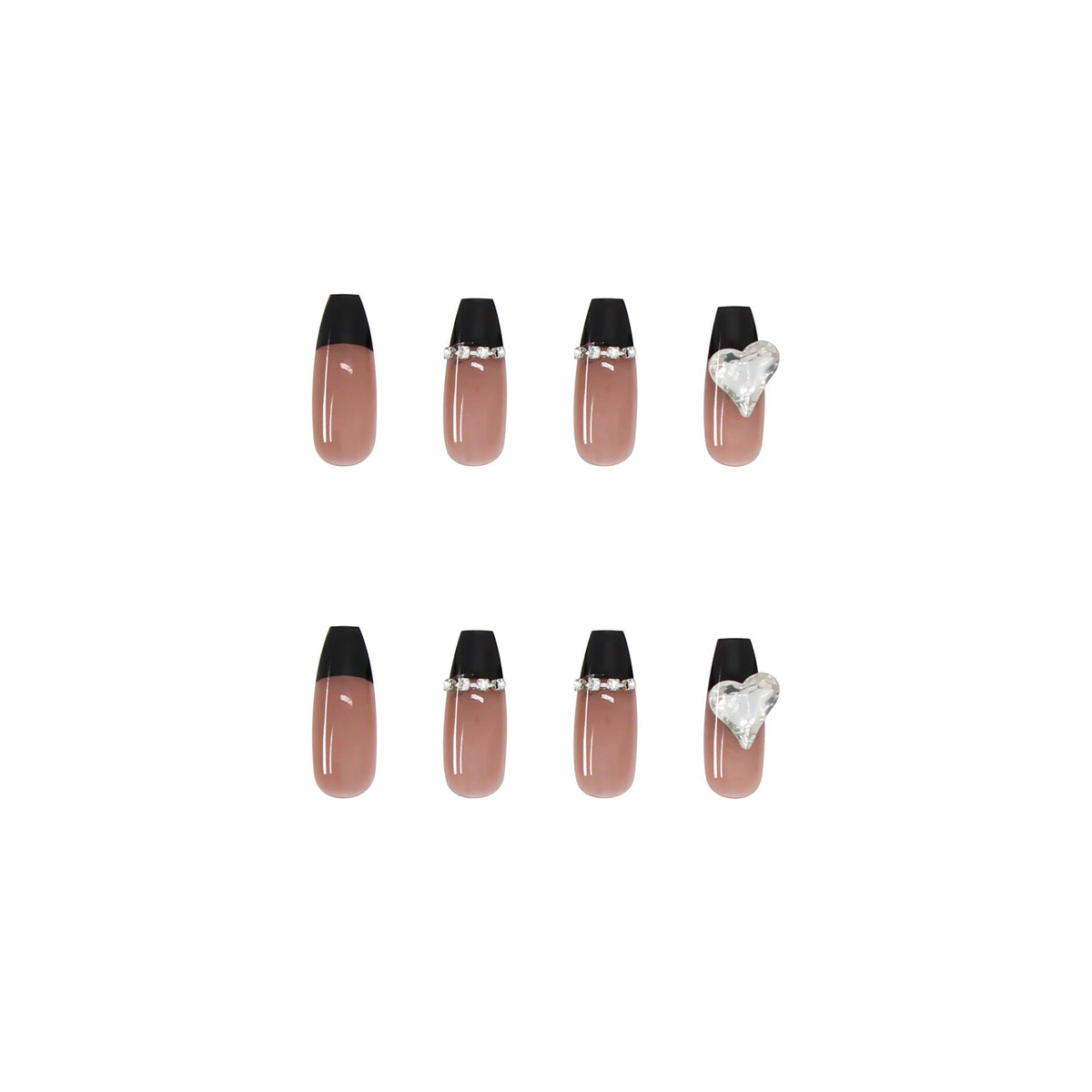 Black French Press-On Nails With Rhinestone Chain Art