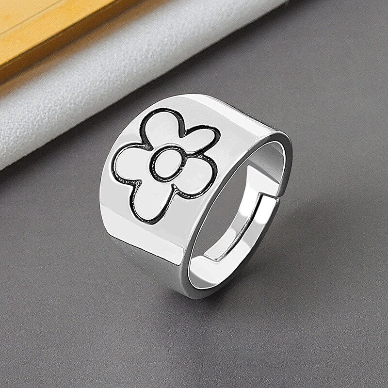 Korean Flower Ring for Women – Adjustable Wide Band