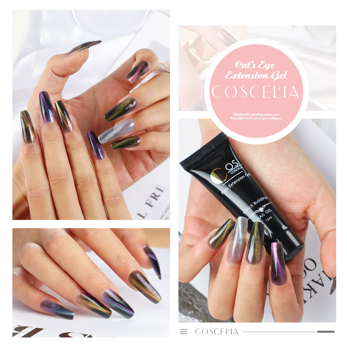 6-Color Poly Nail Extension Kit with Magnetic Multi-Chrome