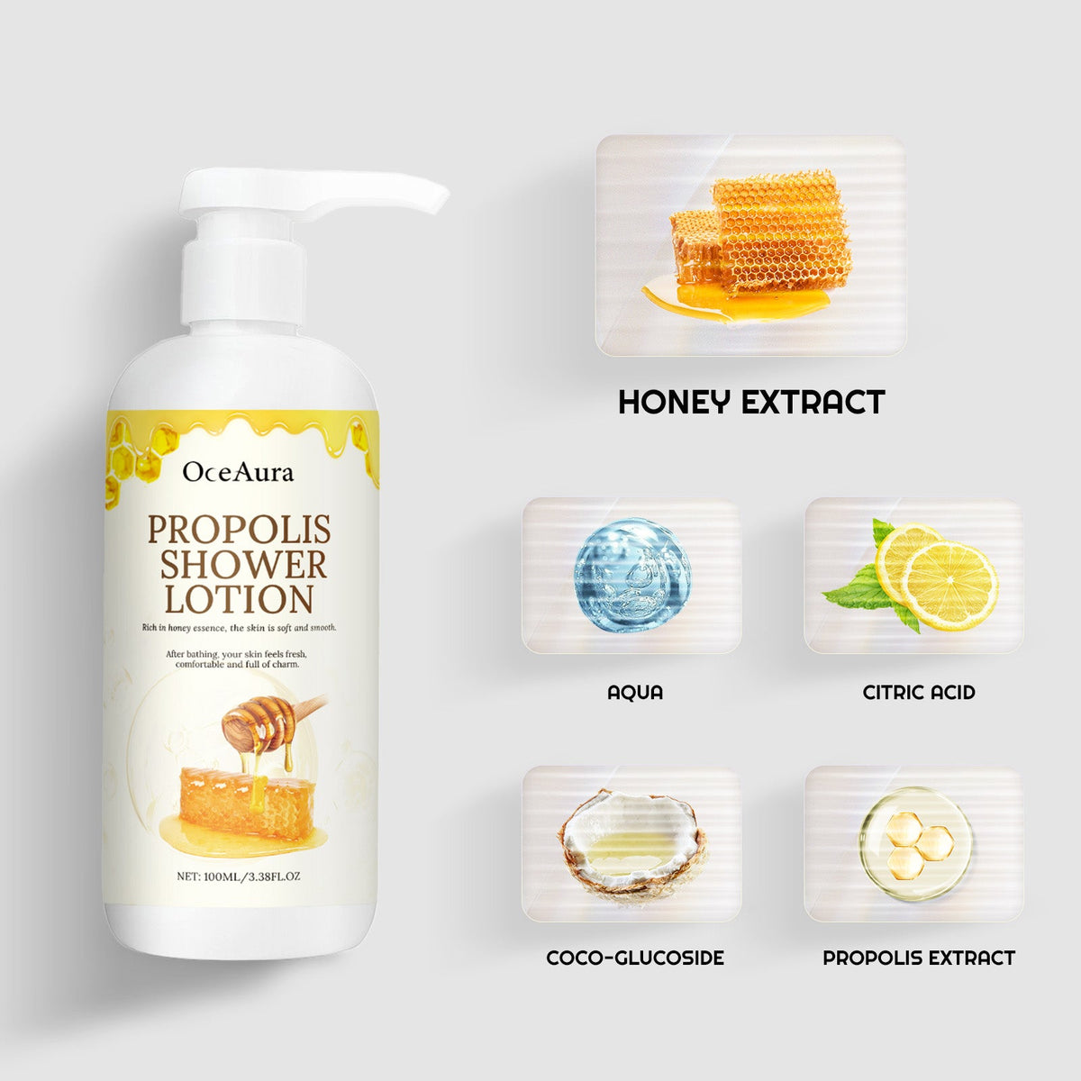 Propolis Honey Shower Lotion for Soft, Exfoliated Skin