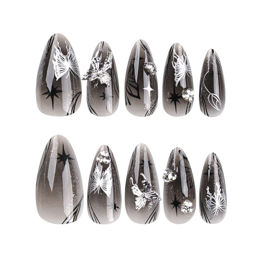 Long Almond Press-On Nails – Deep Red & Silver Bow Detail