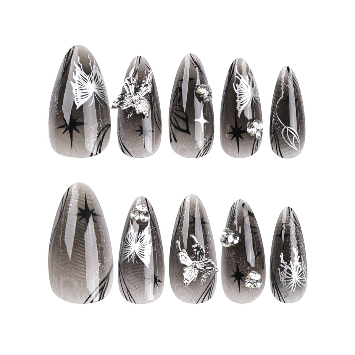 Long Almond Press-On Nails – Deep Red & Silver Bow Detail