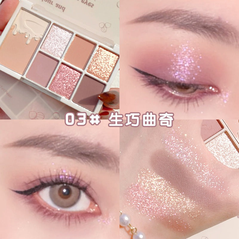 7-Color Eyeshadow Palette for Rosy Glitter Eye Looks