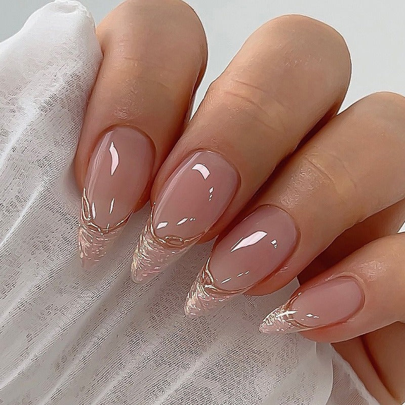 Press‑On Almond French Nails – Artisanal Gold Leaf | 24 Tips