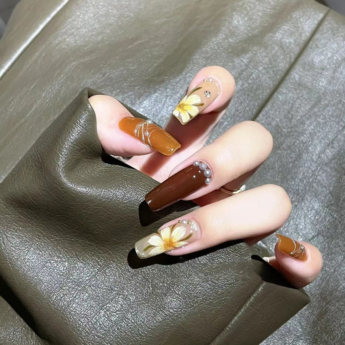 Press-On Nails — Hand-Painted Camellia & Pearl Accents