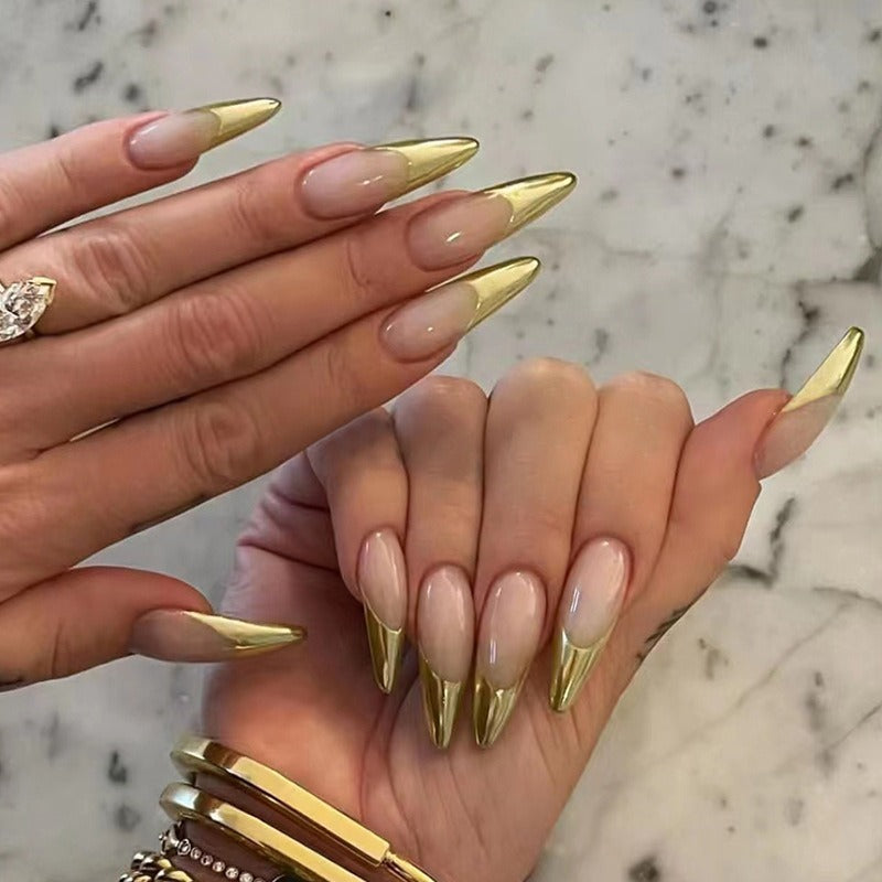 Almond Press-On Nails with Metallic Gold Tips – Instant