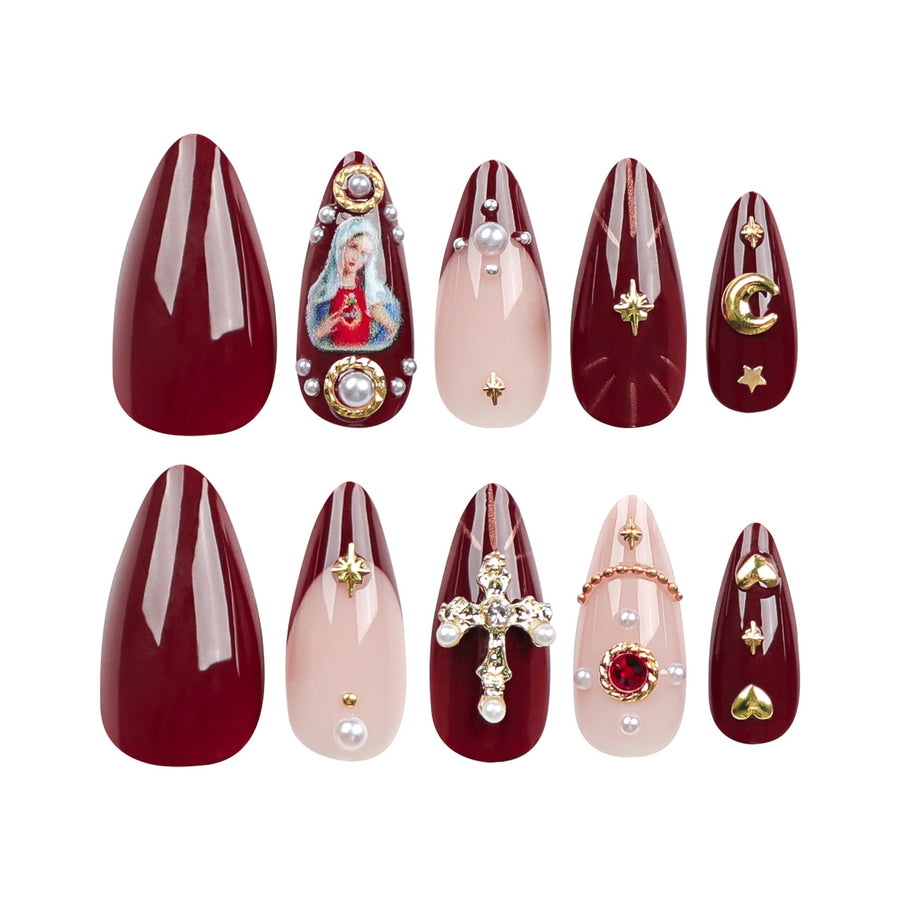 Press-On Nail Set with 3D Cross & Charm Art — Expressive