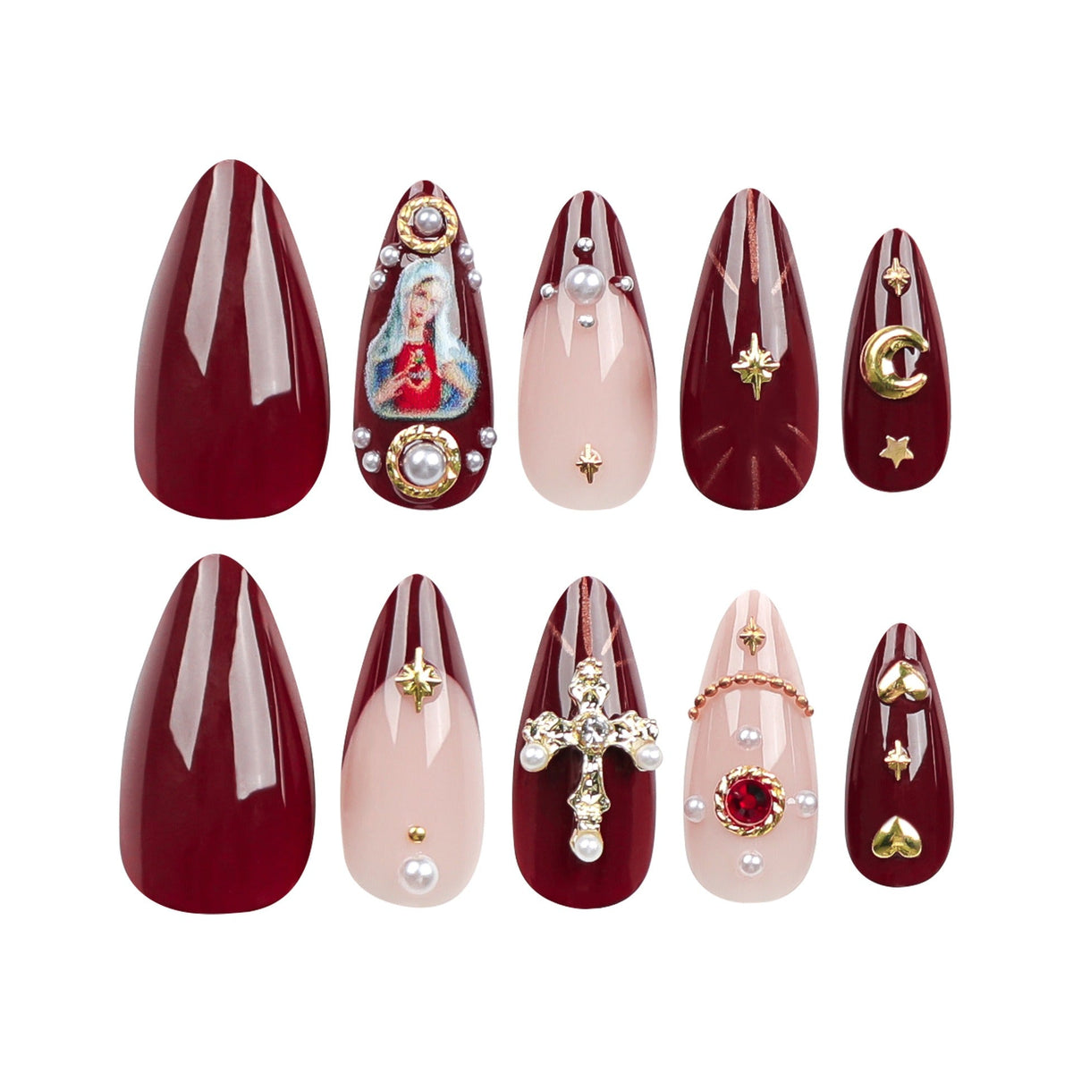 Press-On Nail Set with 3D Cross & Charm Art — Expressive