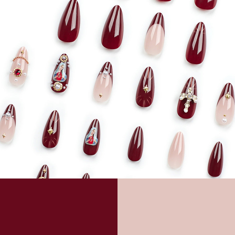 Press-On Nail Set with 3D Cross & Charm Art — Expressive