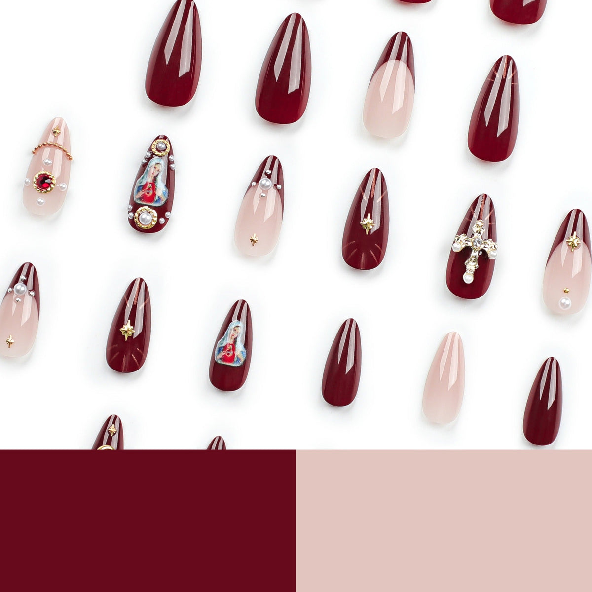 Press-On Nail Set with 3D Cross & Charm Art — Expressive