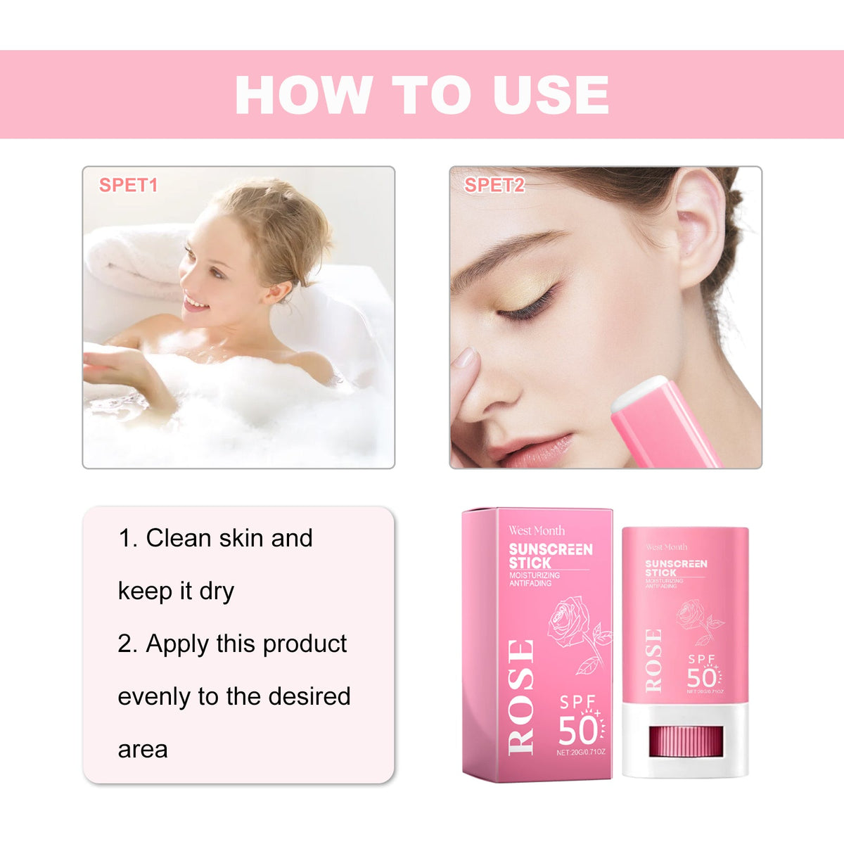 SPF 50+ Sunscreen Stick, Non-Greasy Rose Face Protection