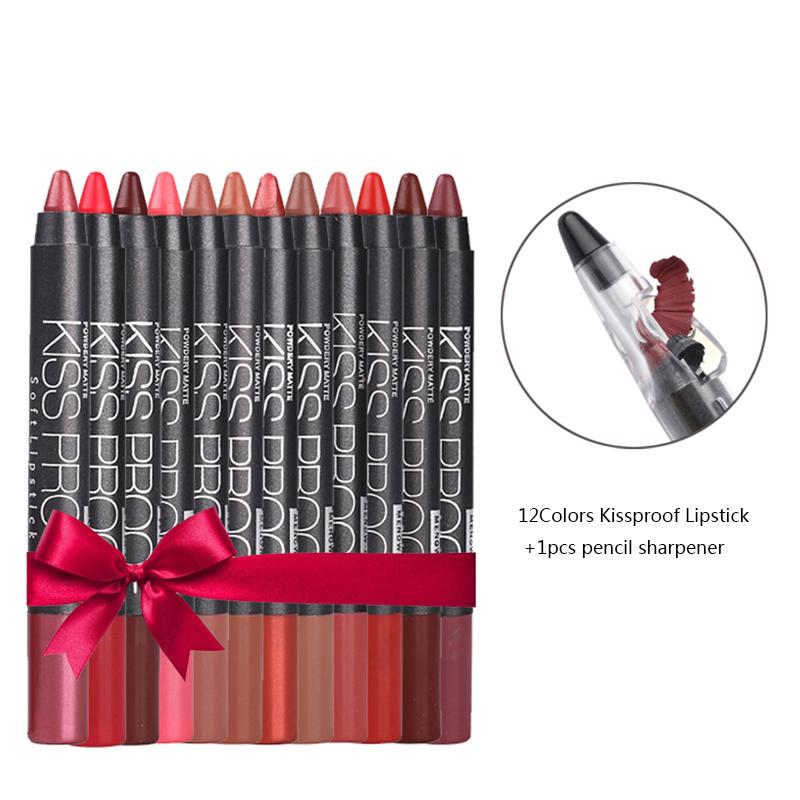 12-Color Waterproof Lipstick Pen Set With Sharpener