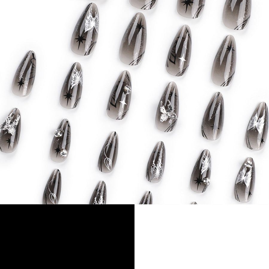 Long Almond Press-On Nails – Deep Red & Silver Bow Detail