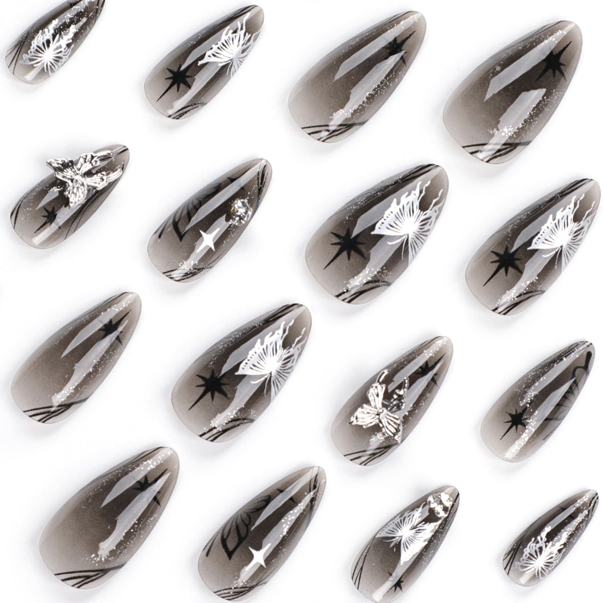 Long Almond Press-On Nails – Deep Red & Silver Bow Detail