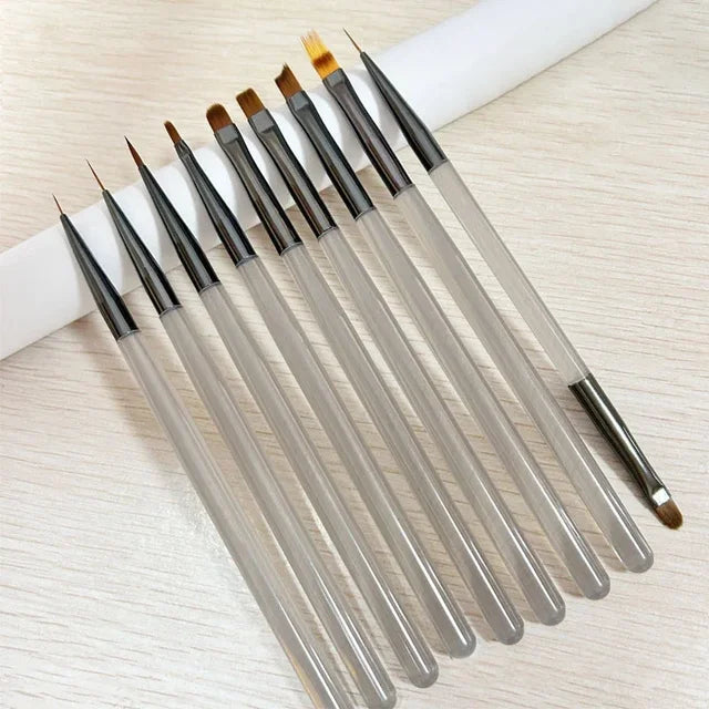 9-Pc Nail Art Brush Set for UV Gel — Liner, Flat, Round