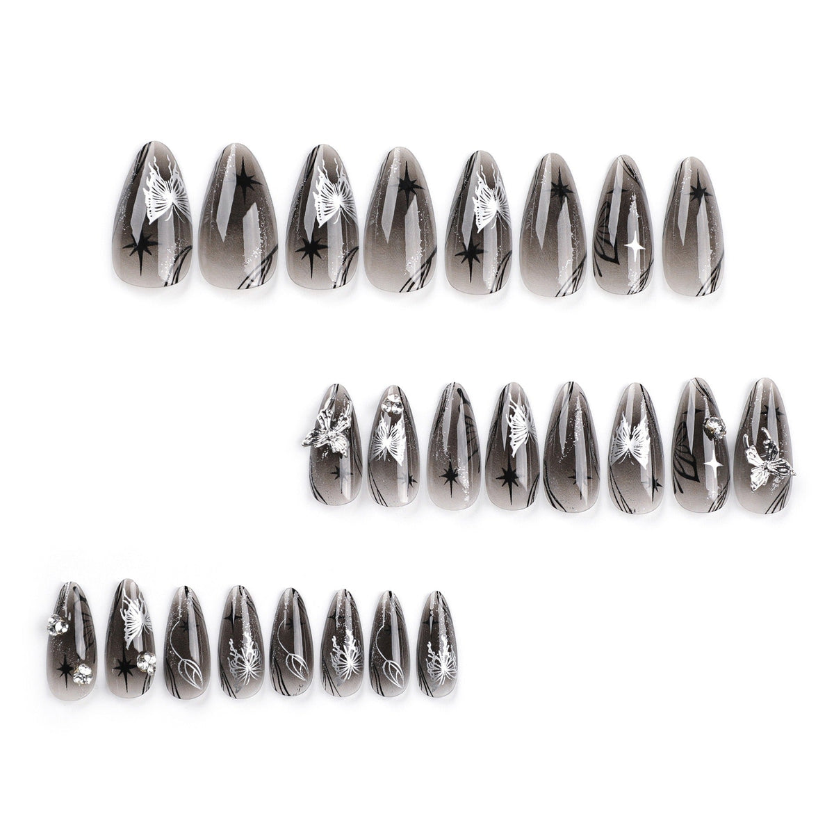 Long Almond Press-On Nails – Deep Red & Silver Bow Detail