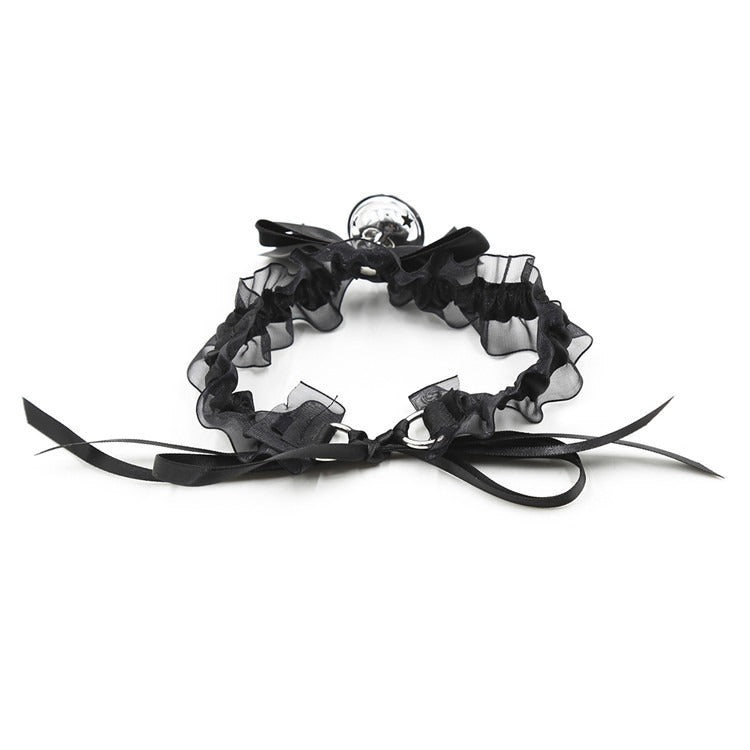 Black Lace Collar With Silver Bell And Statement Bow